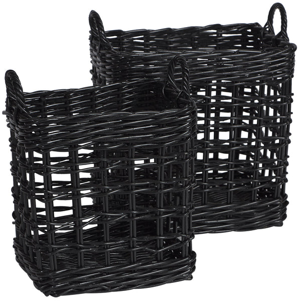 BLACK SMALL SQUARE OPEN WEAVE RATTAN STORAGE BASKET