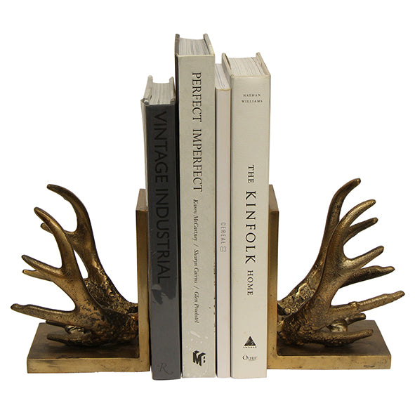 ANTLER BOOKENDS IN AGED BRASS