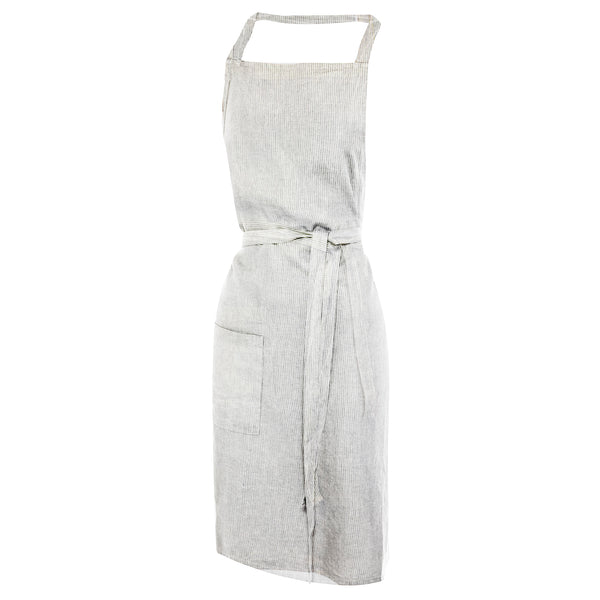 LINEN CAFE STYLE APRON IN IVORY/BLACK PINSTRIPE