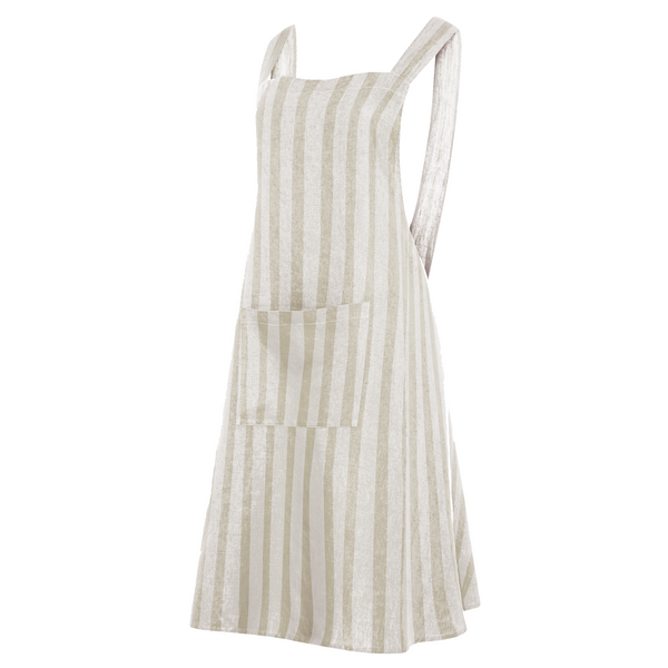 LINEN PINAFORE STYLE APRON IN NATURAL STRIPE