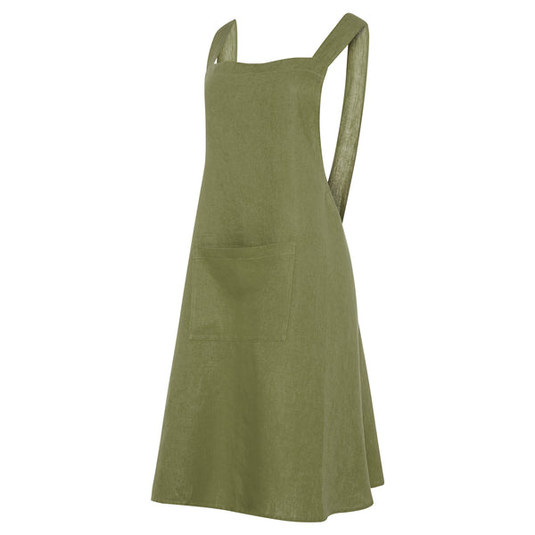 NATURAL LINEN PINAFORE STYLE APRON IN OLIVE