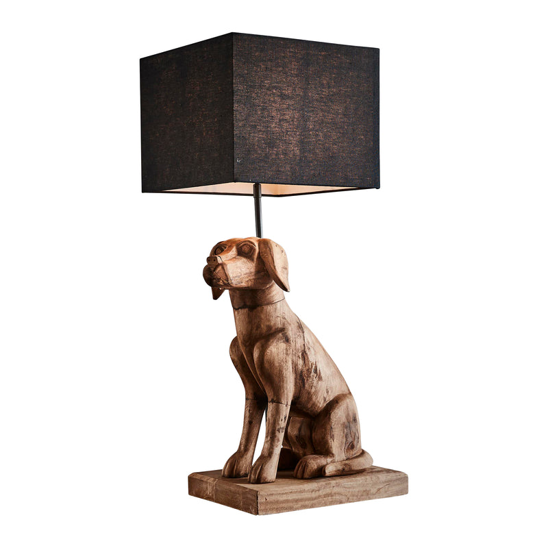 THELMA CARVED DOG LAMP WITH BLACK LINEN SHADE
