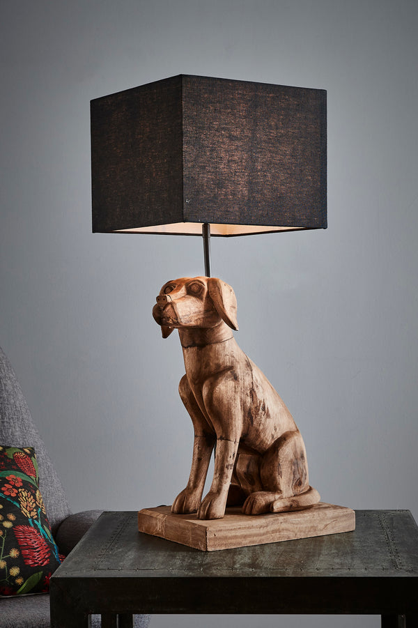 THELMA CARVED DOG LAMP WITH BLACK LINEN SHADE