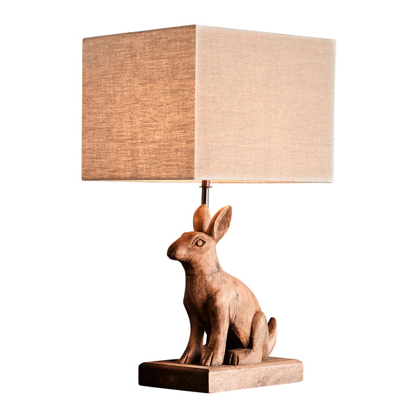 SIMON CARVED RABBIT LAMP WITH DARK NATURAL LINEN SHADE