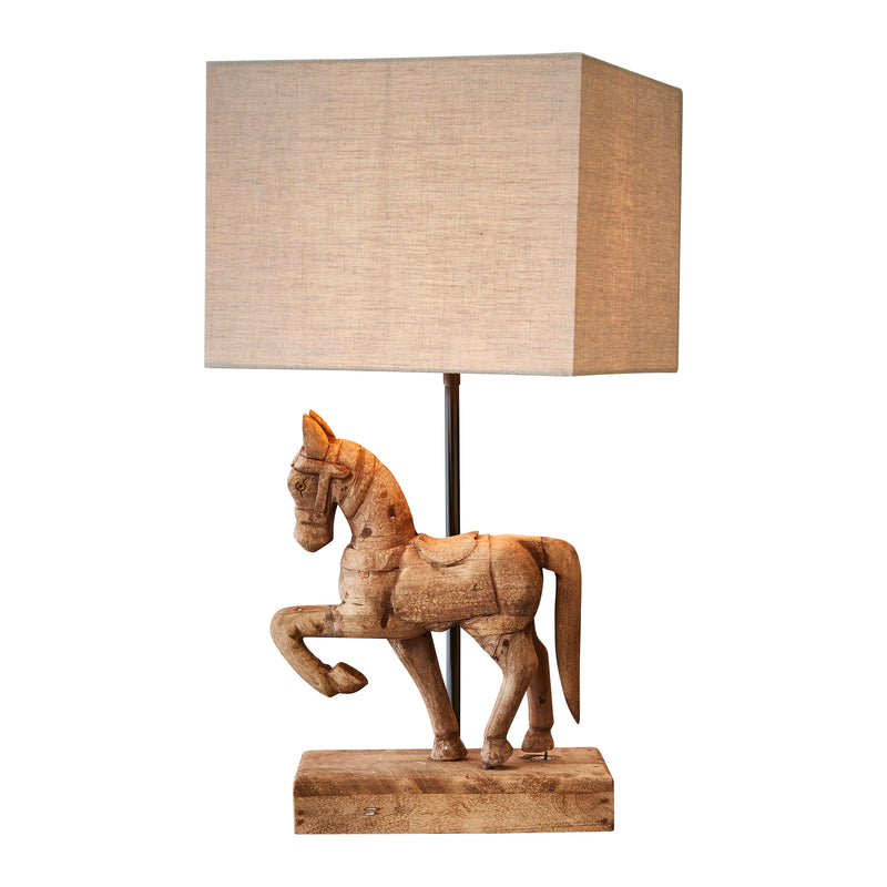 BONNIE CARVED HORSE LAMP WITH DARK NATURAL LINEN SHADE